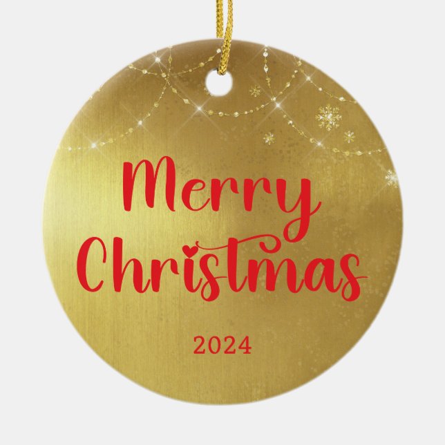 Gold and Red Merry Christmas Ceramic Ornament (Front)
