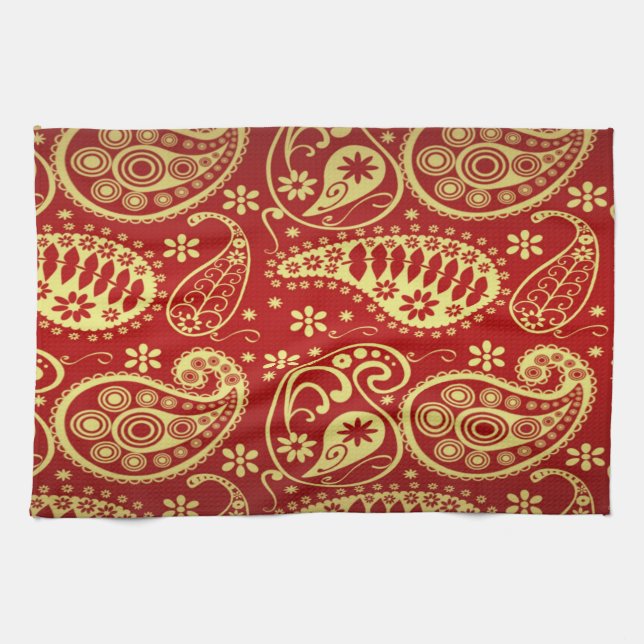 Gold And Red Paisley Pattern Tea Towel (Horizontal)