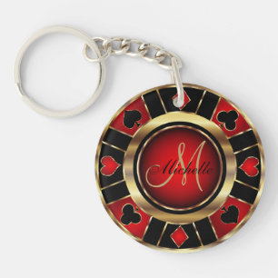 Gold and Red Poker Chip Design - Monogram Key Ring