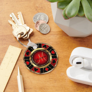Gold and Red Poker Chip Design - Monogram Keychain