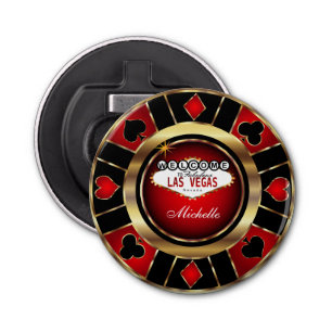 Gold and Red Poker Chip Design - Personalise Bottle Opener