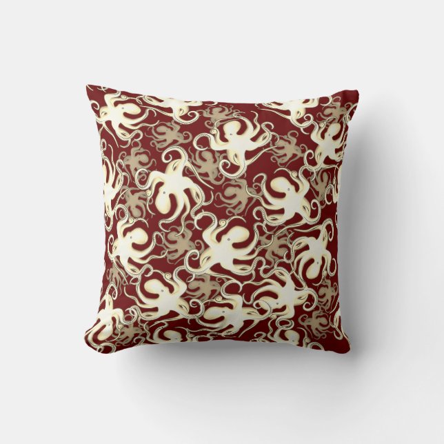 Gold And Red Repeating Motif | Octopus Pattern Cushion (Front)