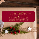 Gold and Red Script Heart Christmas Return Address Return Address Label<br><div class="desc">Elegant,  Modern Gold and Red Script Christmas Family Return Address Labels. Featuring a pretty hand-lettered swash-tail font calligraphy script with saying "Merry Christmas" and a little love heart motif. Great for Christmas holiday season,  easy to personalise them with your names and return address info.</div>