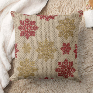 Gold and Red Snowflake Knit Pattern on Cream Cushion