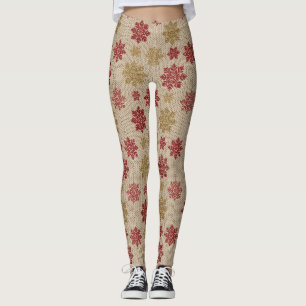 Gold and Red Snowflake Knit Pattern on Cream Leggings