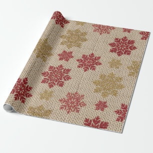 Gold and Red Snowflake Knit Pattern on Cream Wrapping Paper