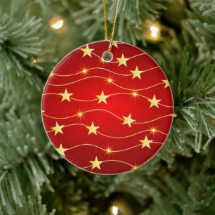 Gold and Red stars Christmas Ceramic Ornament