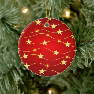 Gold and Red stars Christmas Ceramic Ornament