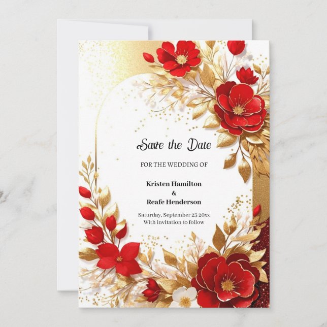 Gold and Red Wedding Save The Date (Front)