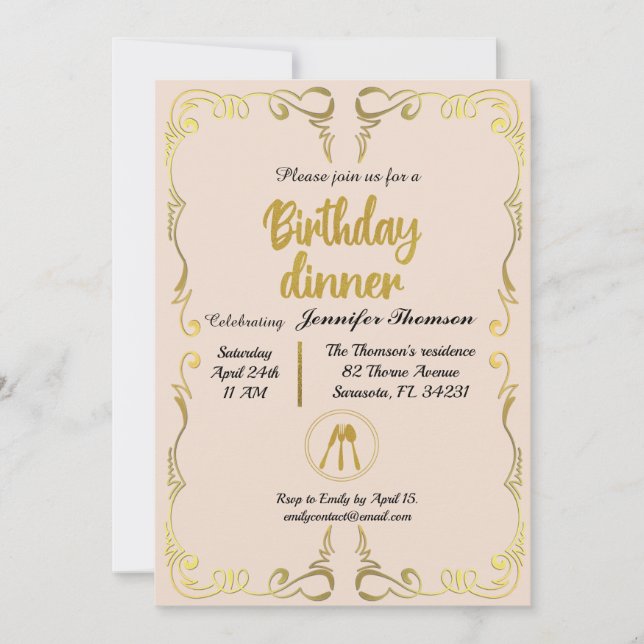 Gold and Rose Birthday Dinner invitation (Front)