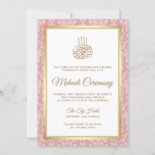 Gold and Rose Pink Damask Islamic Mehndi Ceremony Invitation
