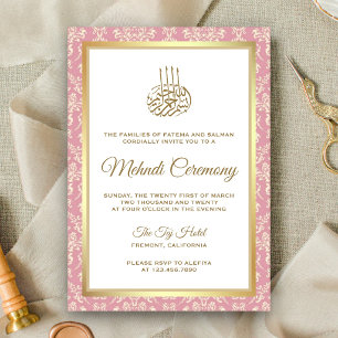 Gold and Rose Pink Damask Islamic Mehndi Ceremony Invitation