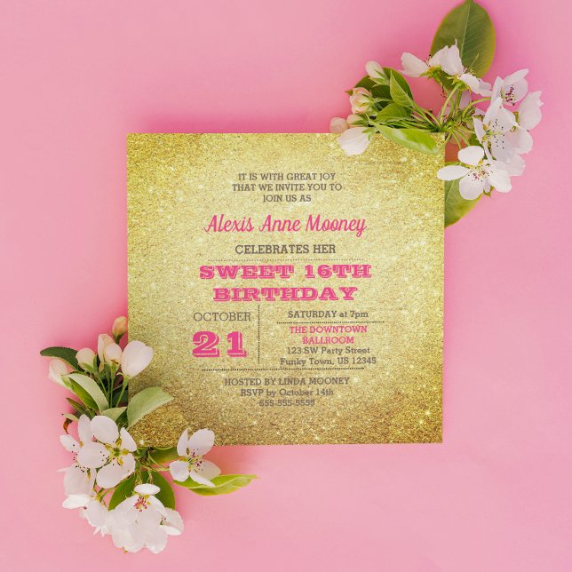 Gold and Rose Tourmaline Pink Glitter Sweet 16 Invitation (Creator Uploaded)