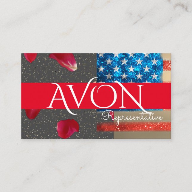 Gold and Roses Patriotic American Flag Avon Business Card (Front)
