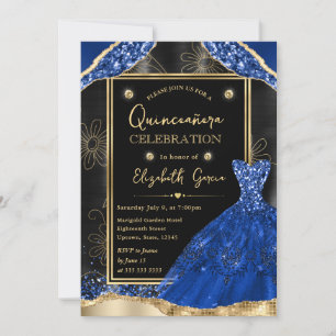Gold and Royal Blue Glitter Dress Quinceanera Invitation