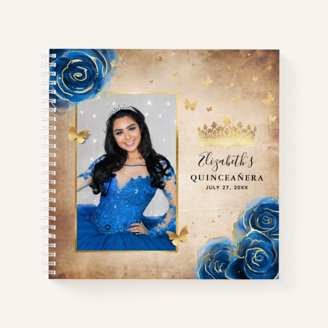 Gold and Royal Blue Roses Photo Quinceanera Guest Notebook (Front)