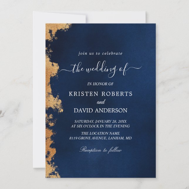 gold and royal blue wedding invitation (Front)