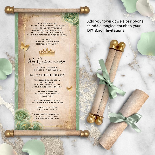 Gold and Sage Green Quince DIY Scroll Invitations (How will you present your DIY scrolls? There are so many creative possibilities!)