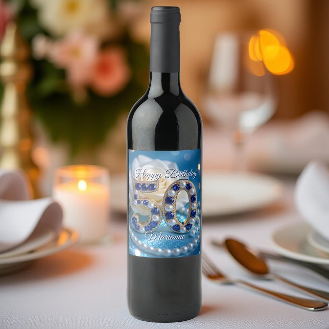 Gold and Sapphire Gemstone 50th Birthday Wine Label (Creator Uploaded)