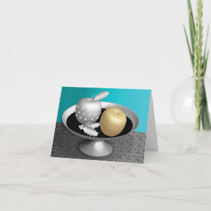 Gold  and silver apples on a silver pedestal holiday card