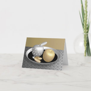 Gold and silver apples on a silver platter holiday card