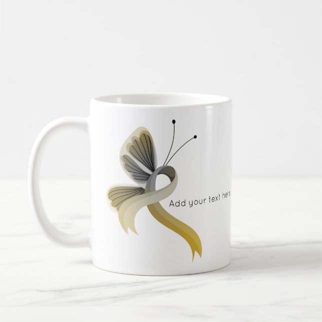 Gold and Silver Awareness Ribbon Butterfly Coffee Mug (Left)