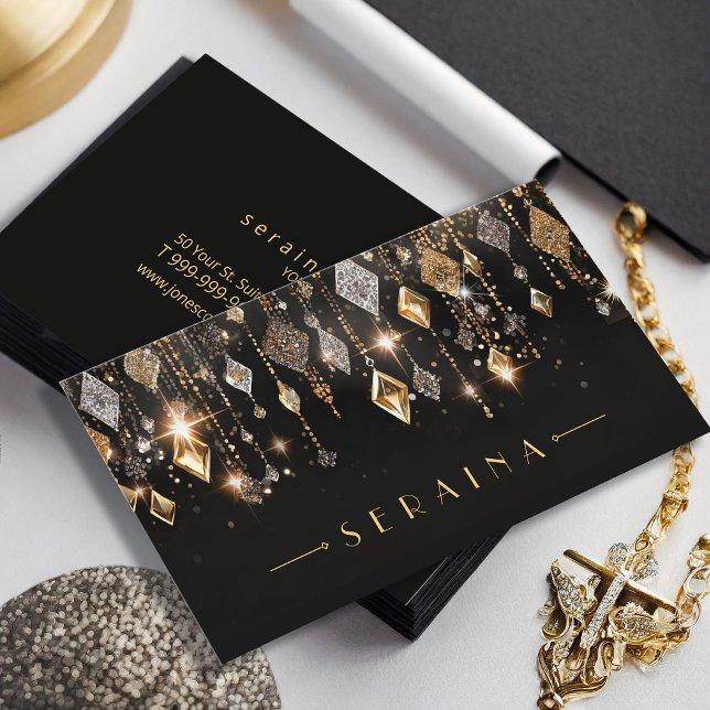 Gold and Silver Boho Gems on Black ID1035 Business Card (Creator Uploaded)