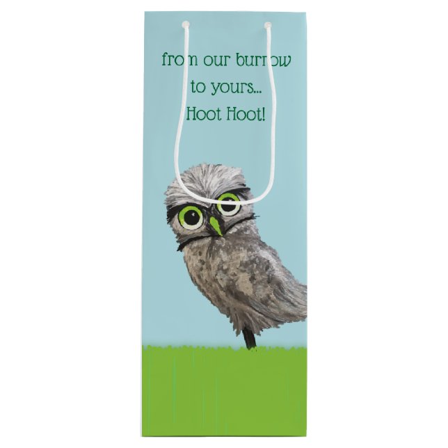 Gold and Silver Burrowing Owl Painting Wine Gift Bag (Front)