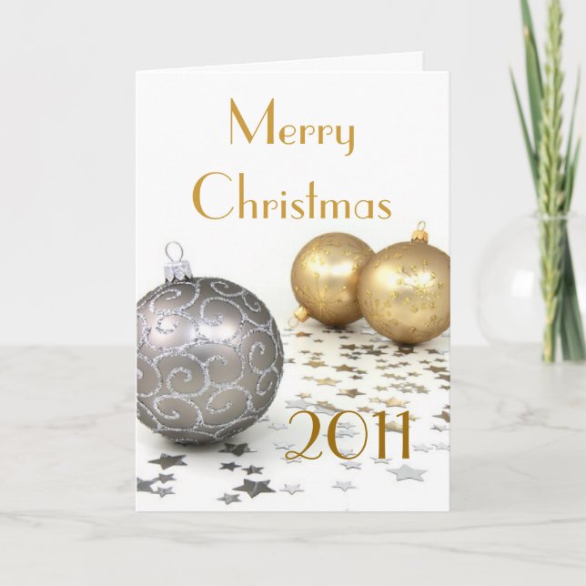 Gold and Silver Christmas Ornaments and Stars Holiday Card (Front)