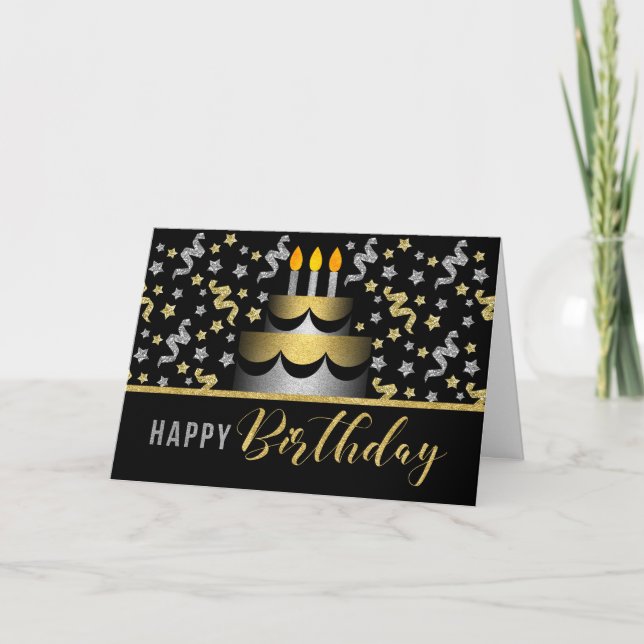 Gold and Silver Faux Glitter on Black with Cake Card (Front)