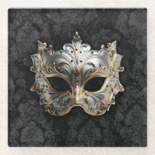 Gold and Silver Filigree Venetian Mask Glass Coaster