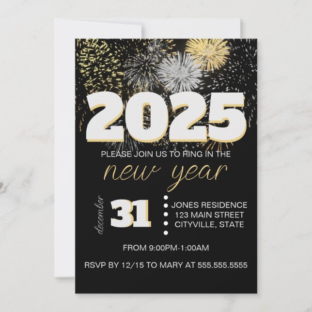 Gold and Silver Fireworks New Years Eve Party Invitation (Front)