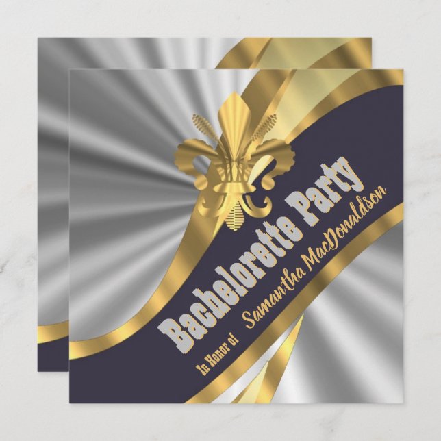 Gold and silver fleur de lys bachelorette party invitation (Front/Back)
