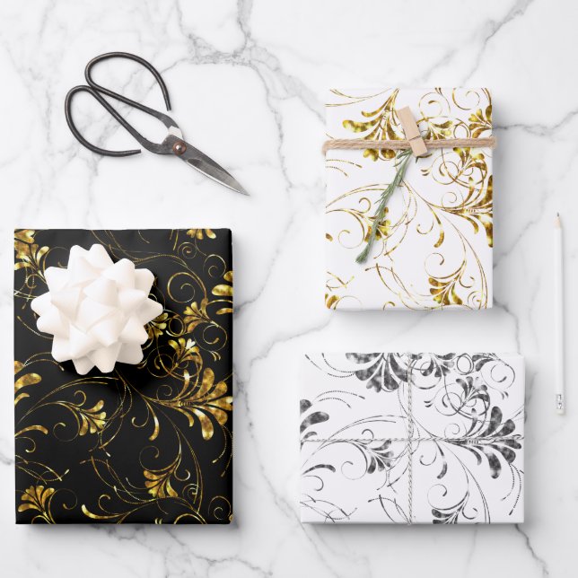 Gold and Silver Floral Pattern Wrapping Paper Sheet (Front)