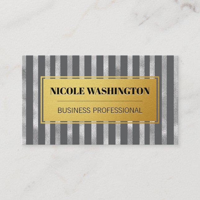 Gold and Silver Foil Striped | Fashionista Business Card (Front)
