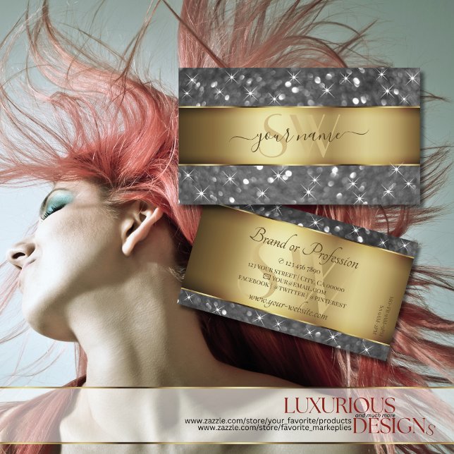 Gold and Silver Glitter Luminous Stars Initials Business Card (Creator Uploaded)