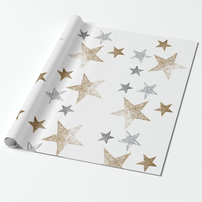 Gold and silver glitter stars wrapping paper (Unrolled)