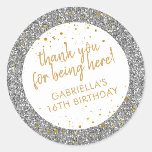 Gold and Silver Glitter Thank You Birthday Favour Classic Round Sticker