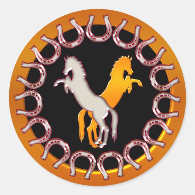 Gold and Silver Horseshoes and Horses Classic Round Sticker (Front)