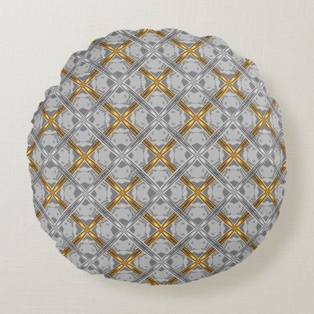 Gold and Silver Laced Grey Medallions Pattern Round Cushion (Front)
