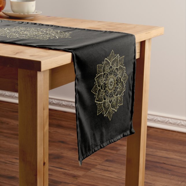 Gold and silver mandala on dark red short table ru runner (In Situ)