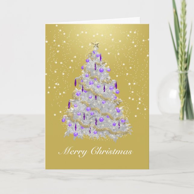 Gold and Silver Merry Christmas Tree Holiday Card (Front)