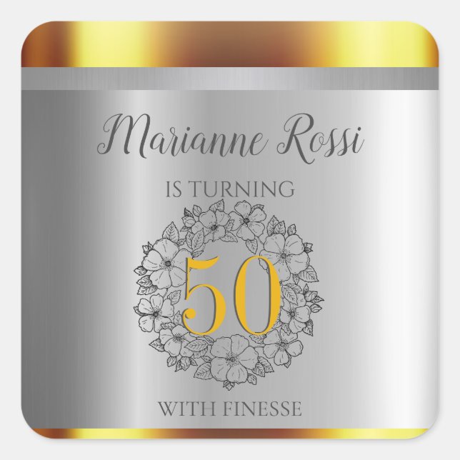Gold And Silver Metallic 50th Birthday Square Sticker (Front)