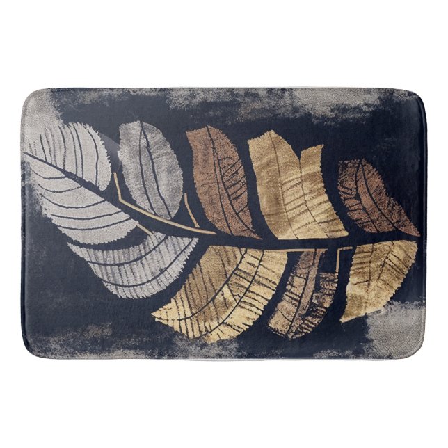 Gold and Silver Metallic Leaves Elegant Botanical  Bath Mat (Front)