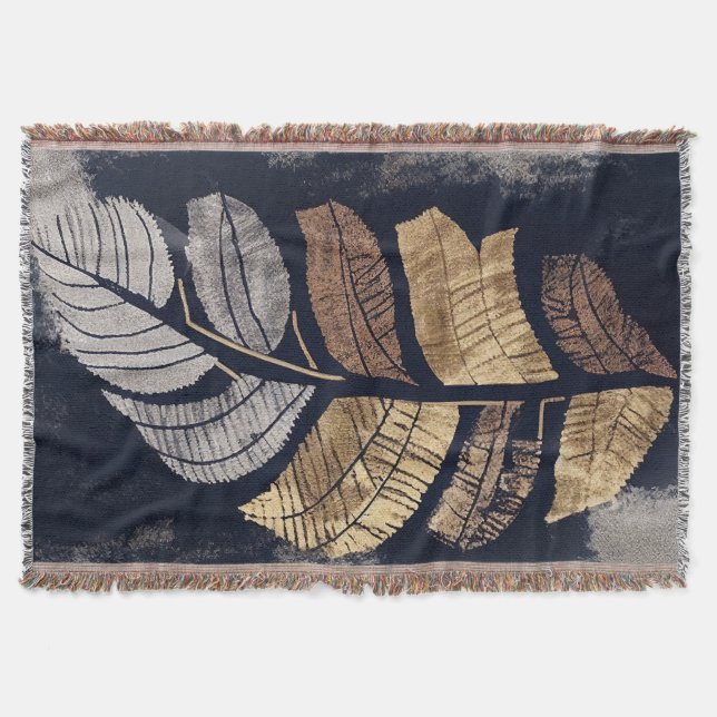 Gold and Silver Metallic Leaves Elegant Botanical  Throw Blanket (Front)