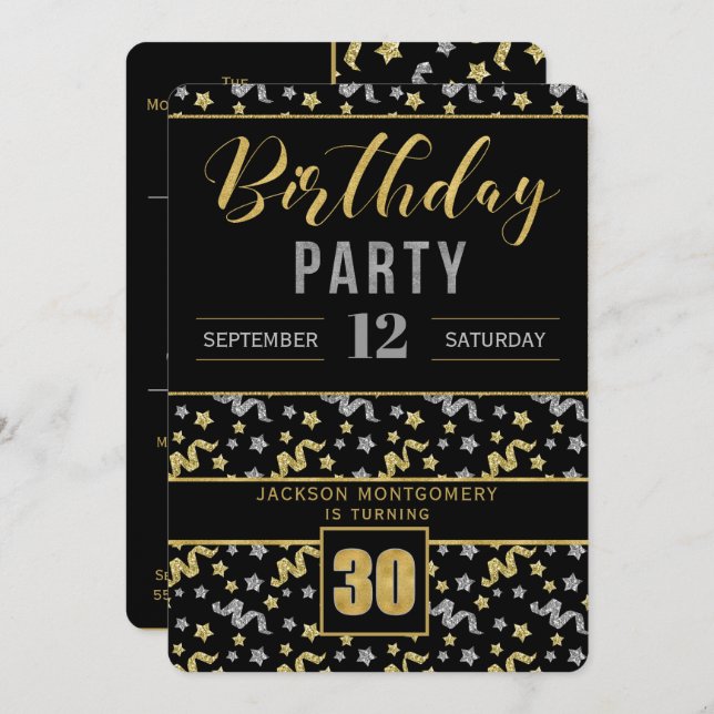 Gold and Silver on Black 30th Birthday Confetti Invitation (Front/Back)