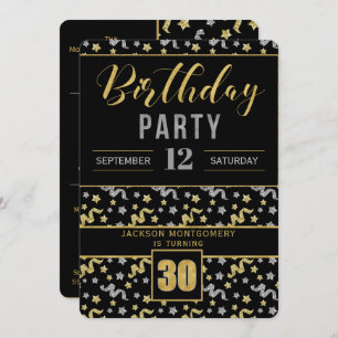 Gold and Silver on Black 30th Birthday Confetti Invitation