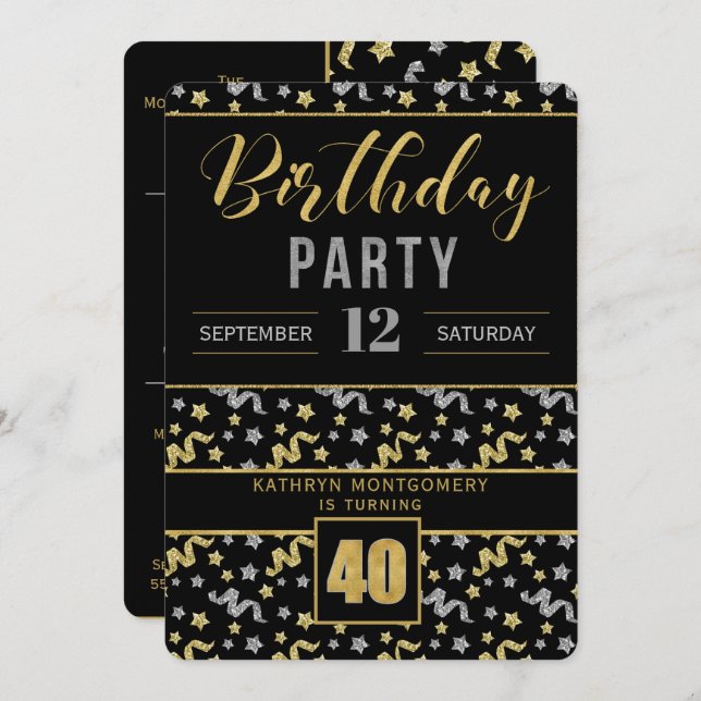 Gold and Silver on Black 40th Birthday Confetti Invitation (Front/Back)