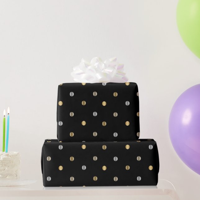 Gold and Silver Polka Dots on Black Satin Wrapping Paper (Party Gifts)