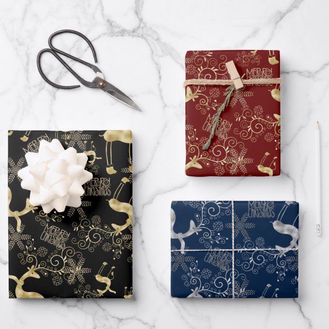 Gold and Silver Reindeer Pattern Wrapping Paper Sheet (Front)